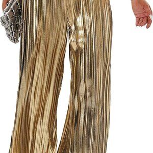 Women's Shiny Pleated Wide Leg Pants Party Nightout High Waist Trouser Folded Li